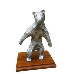 Vintage Alaskan Metal Kodiak Silver Bear Sculpture on Wooden Base Decor 9.75"